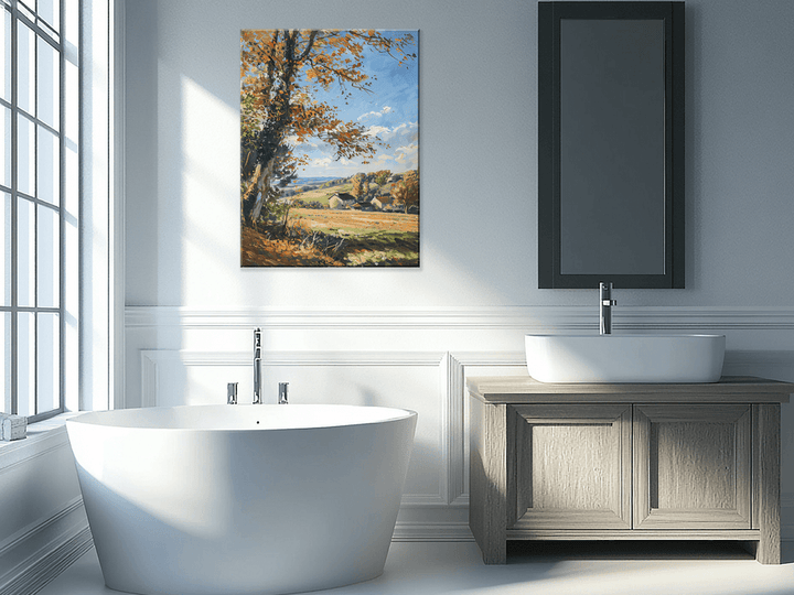 Serene Autumn Horizon Impressionism Wall Art in a Bathroom