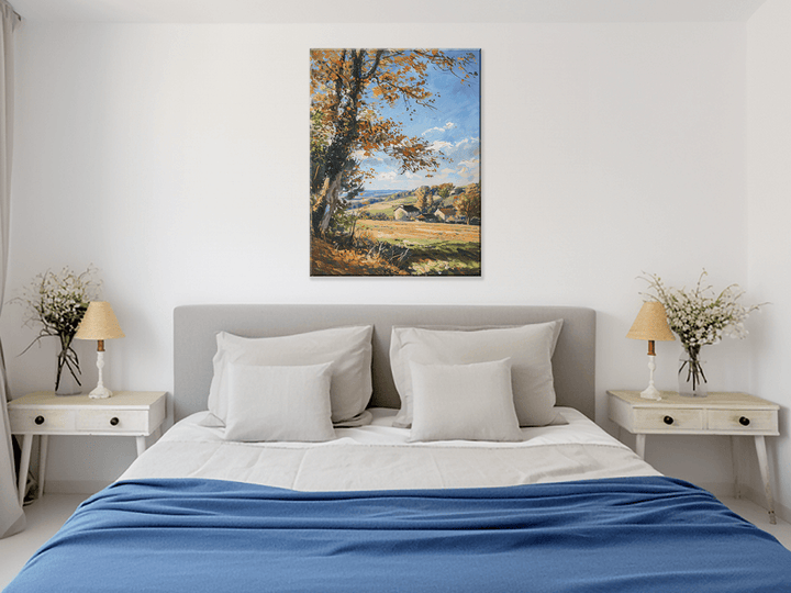 Serene Autumn Horizon Impressionism Wall Art in a Bedroom