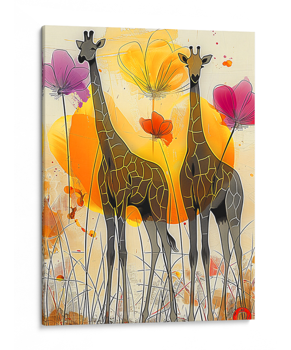 Majestic Giraffes Amidst Floral Dreams Wall Art